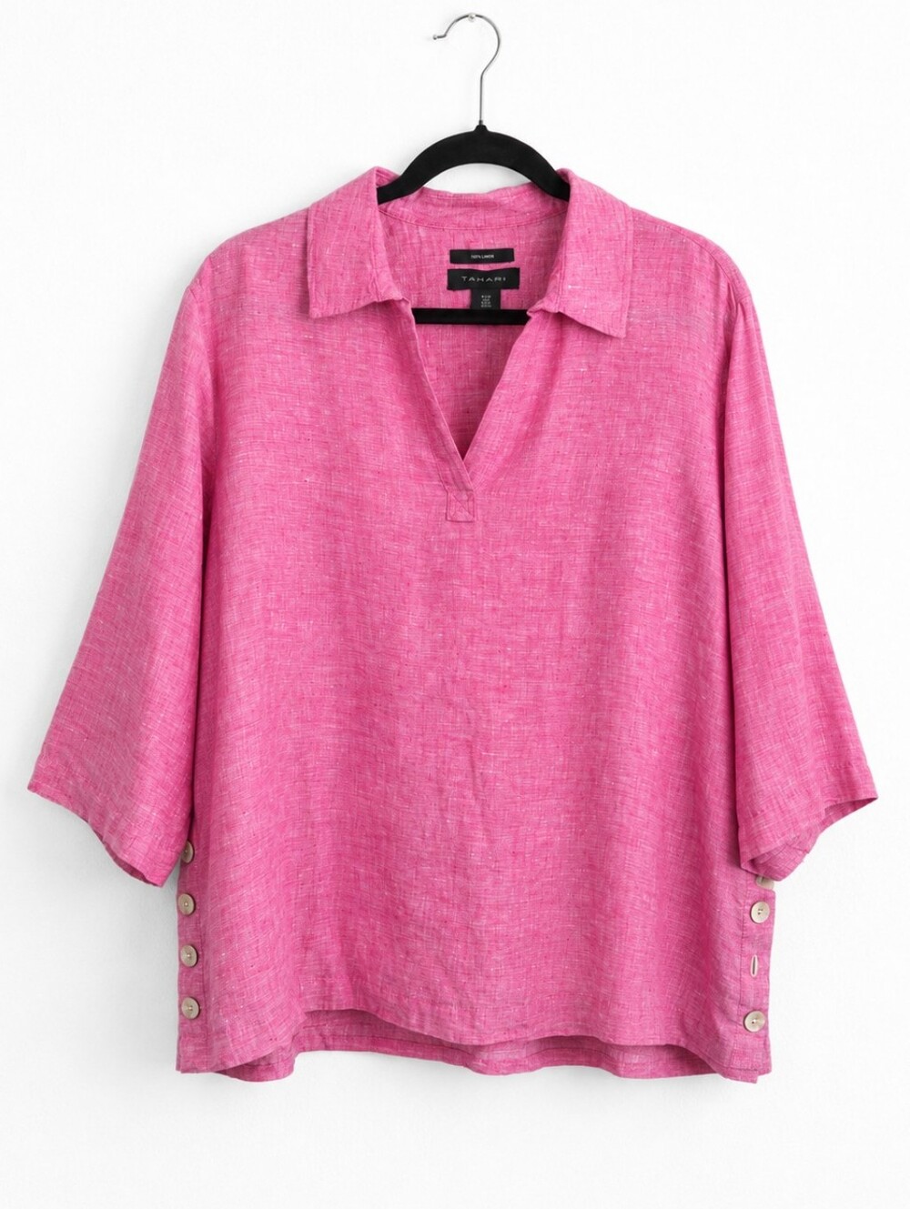 Tahari 100% Linen Pink Popover Tunic Top 1X Plus Size Coastal Resort Shell Butto